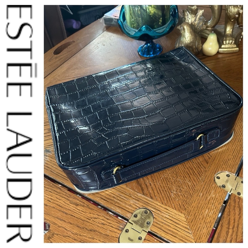Estée Lauder Alligator Embossed Navy Blue Travel Bag